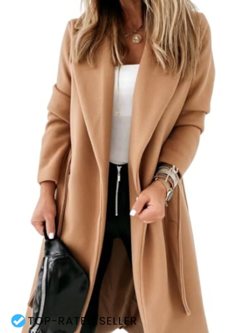 Womens Long Trench Coat Belted Lapel Open Front Slim Fit Jacket